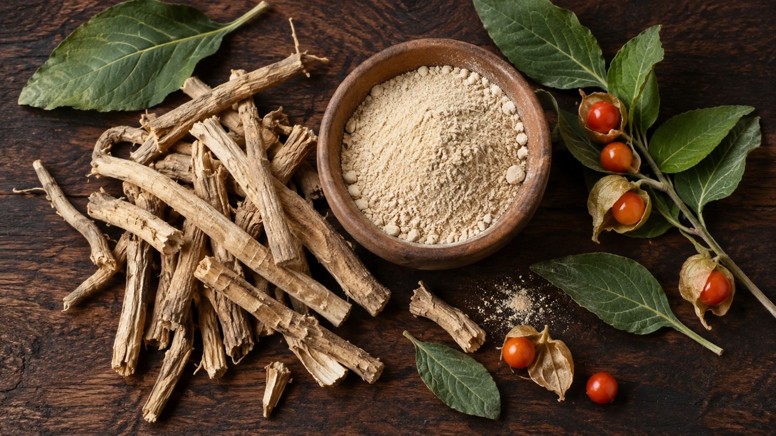 Illustration of dried ashwagandha root pieces, a wooden bowl of pale root powder, green leaves and orange berries in papery husks on a dark wooden table