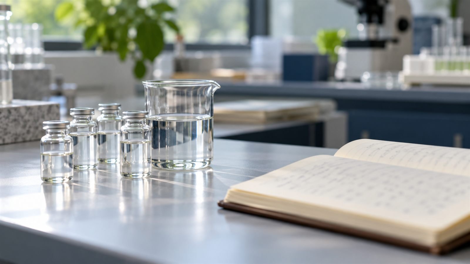 Illustration of a laboratory bench with small glass vials, a beaker of clear liquid and an open notebook, with a microscope blurred in the background