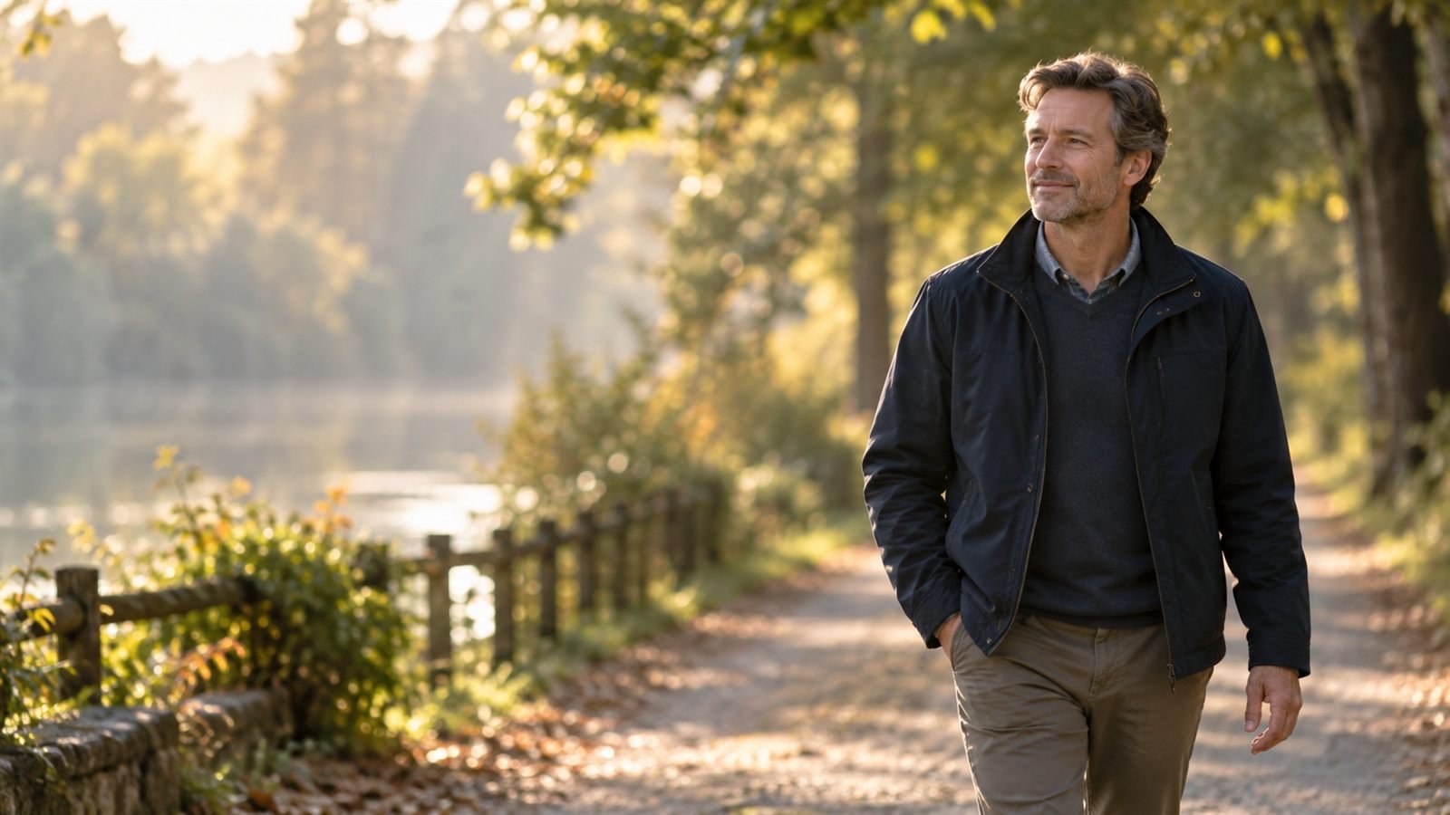 A man in his mid 40s walking along a quiet tree-lined path beside a lake at sunrise, relaxed and unhurried