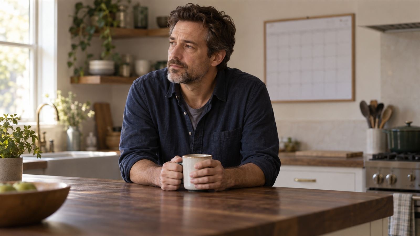Illustration of a tired but calm man in his mid 40s holding a coffee mug at a kitchen counter early in the morning, looking thoughtfully out of frame