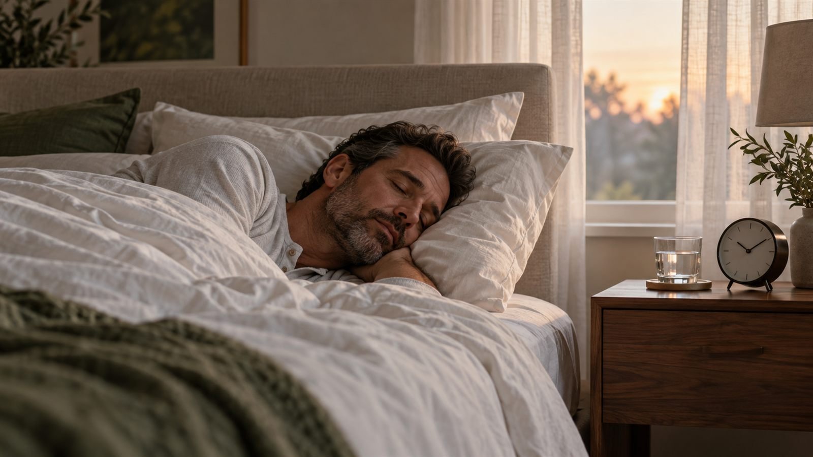 Illustration of a man in his mid 40s sleeping on his side in a softly lit bedroom at dawn, with white linen bedding, a glass of water and a small analog clock on the nightstand