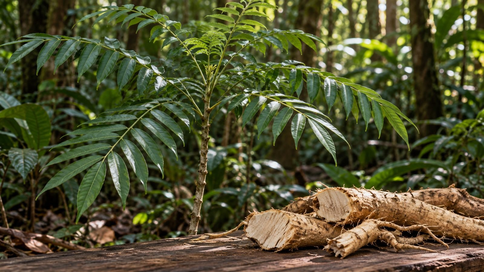 Illustration of a young Eurycoma longifolia (tongkat ali) plant with feathery compound leaves in a tropical forest, with cut pieces of pale root resting on a log